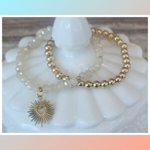 Gold & Cream Crystal Beaded Heart Bracelet Dainty Stretch Minimalist & Stackable
